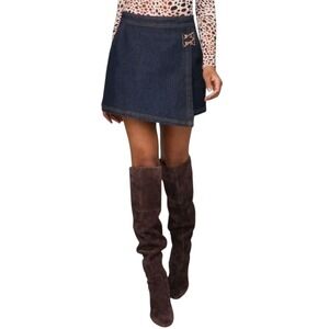 Avec Les Filles Dark Wash Denim Horsebit Wrap Skort Size 8 NWT Indigo Mini Skirt